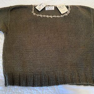 Rico sweater, handmade, olive green. No size on tag.  Measurements in photo.